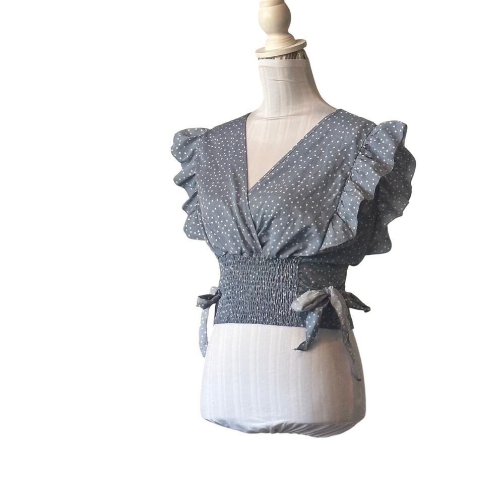 SHEIN Blue Polka Dot Crop Top Smocked Waist Size S